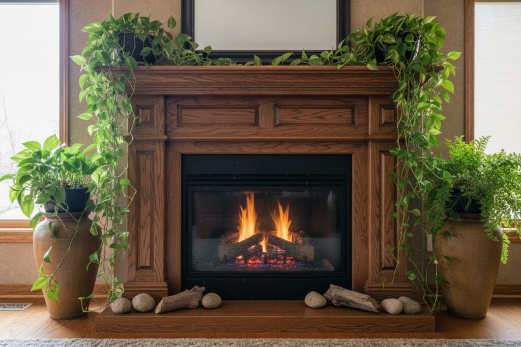 Gas fireplace with decor in Akron residence