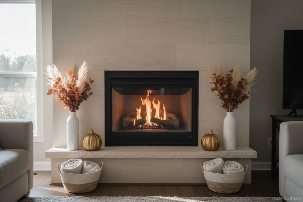 Gas fireplace with decor in Amherst residence