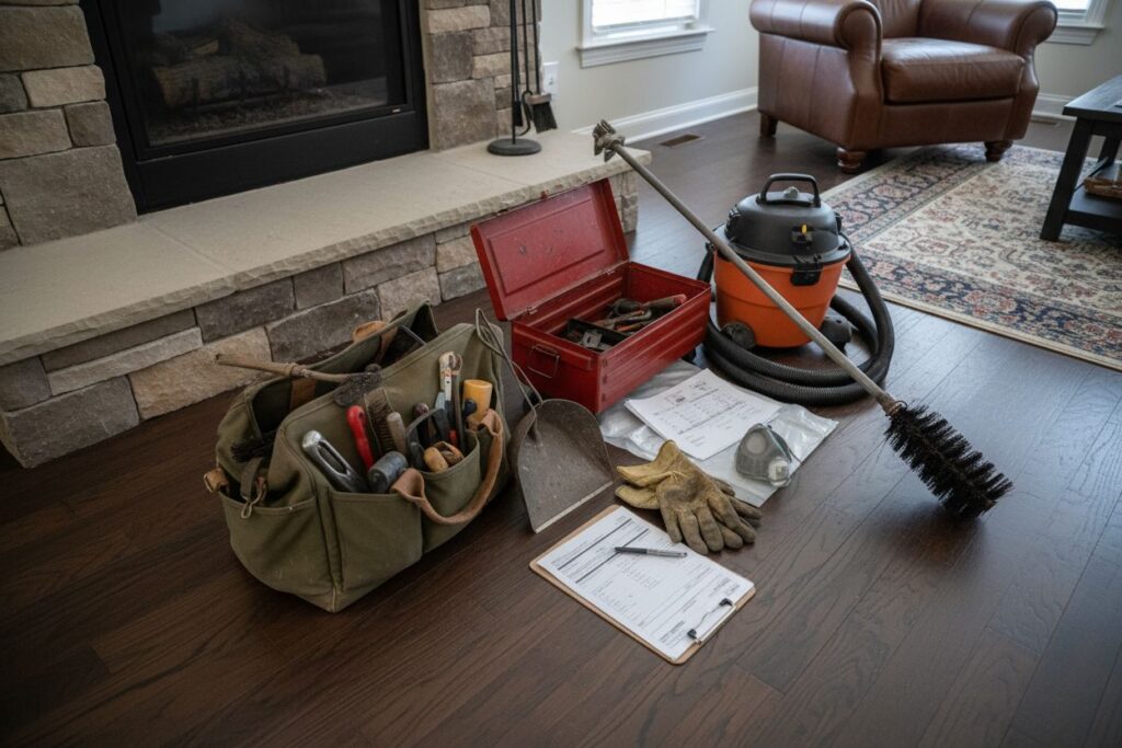 Expert fireplace technician servicing gas fireplace in Amherst