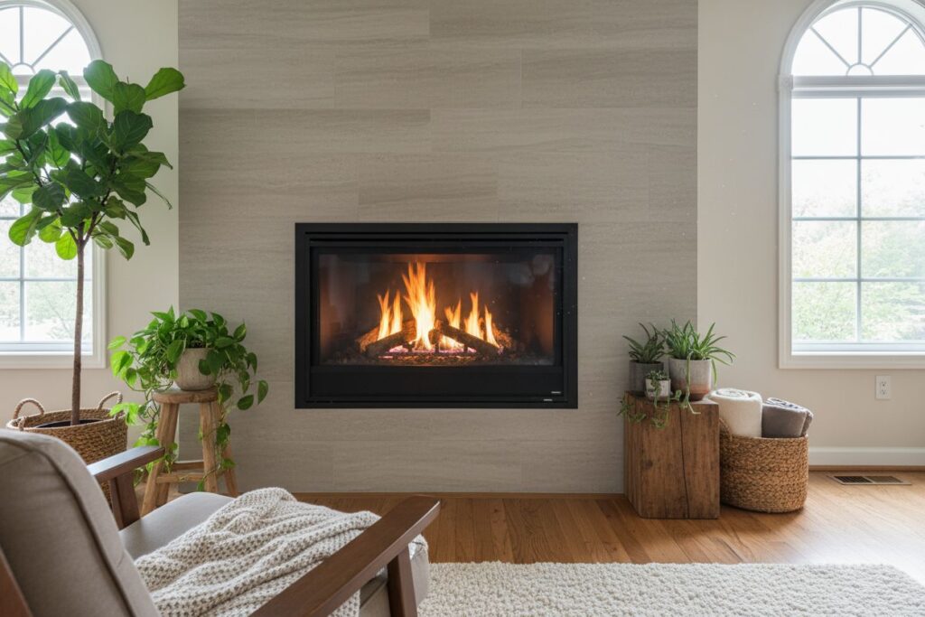 Gas fireplace with decor in Astoria residence