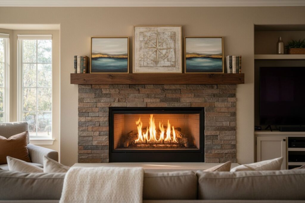 Gas fireplace with decor in Atlanta residence