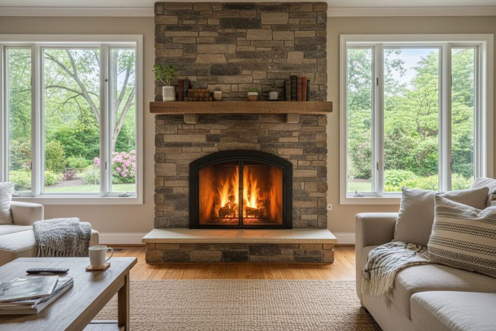 Comfortable fireplace view in Augusta living room