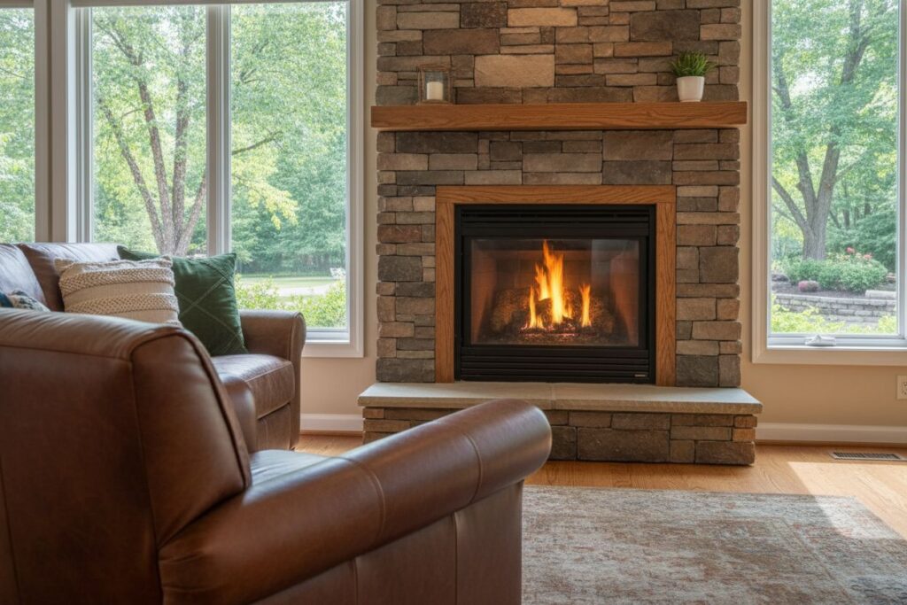 Cozy gas fireplace in Bangor home