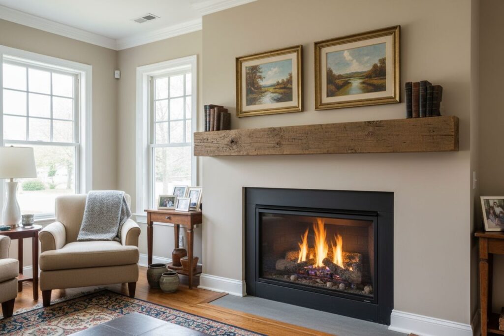 Gas fireplace with decor in Bangor residence