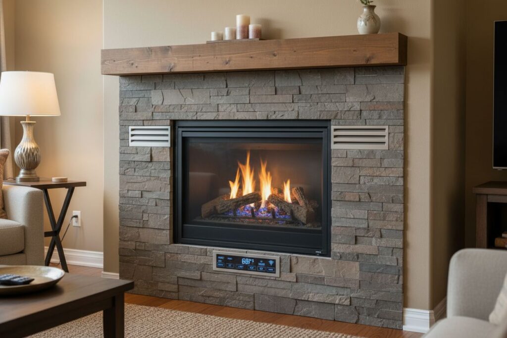 Clean and maintained gas fireplace in Battle Ground home