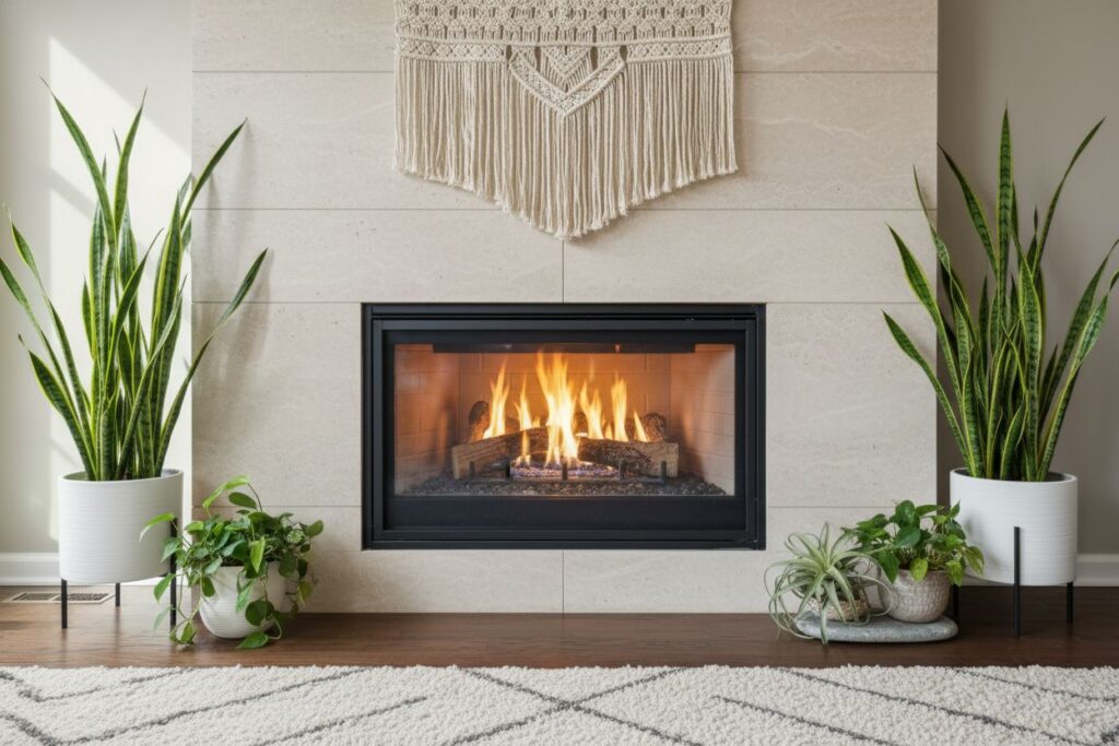 Gas fireplace with decor in Beachwood residence