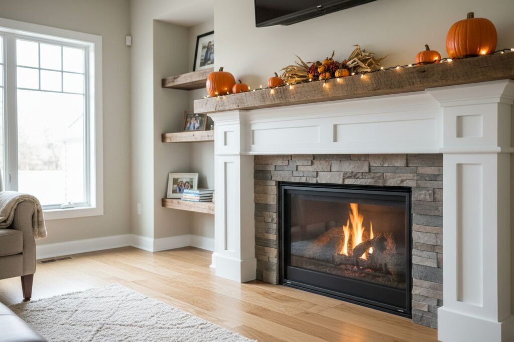 Gas fireplace with decor in Beaverton residence