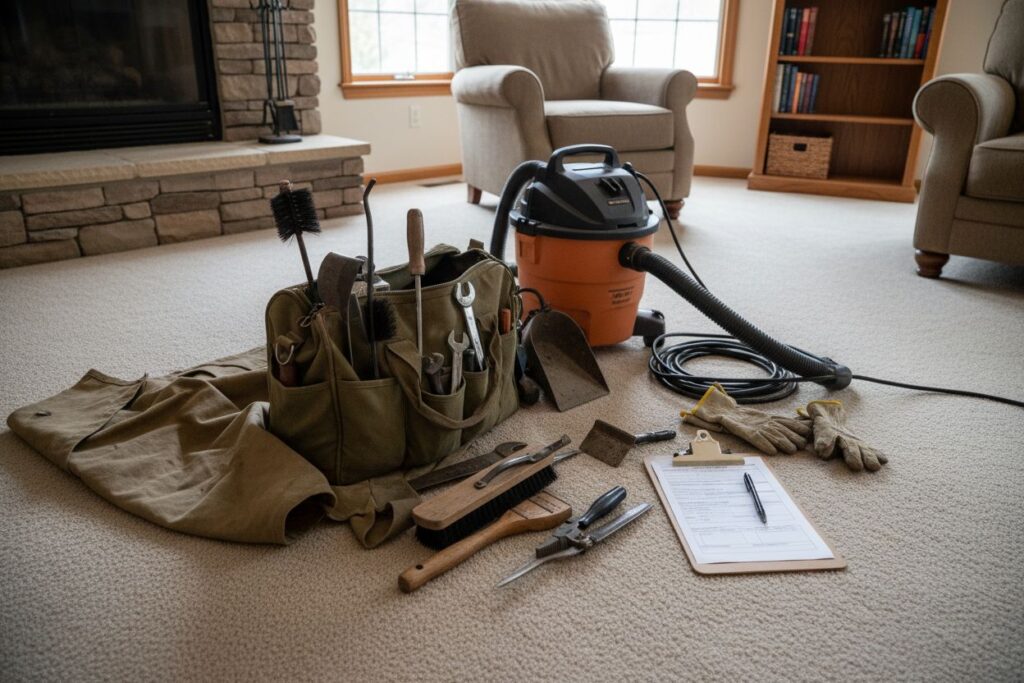 Expert fireplace technician servicing gas fireplace in Beaverton