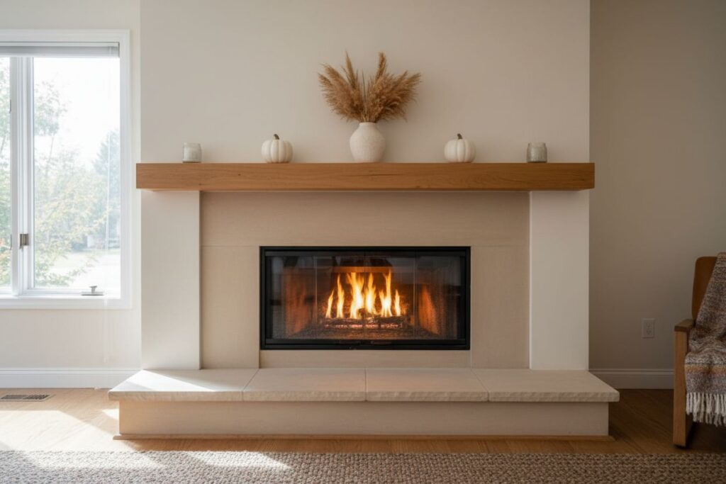 Gas fireplace with decor in Bedford residence