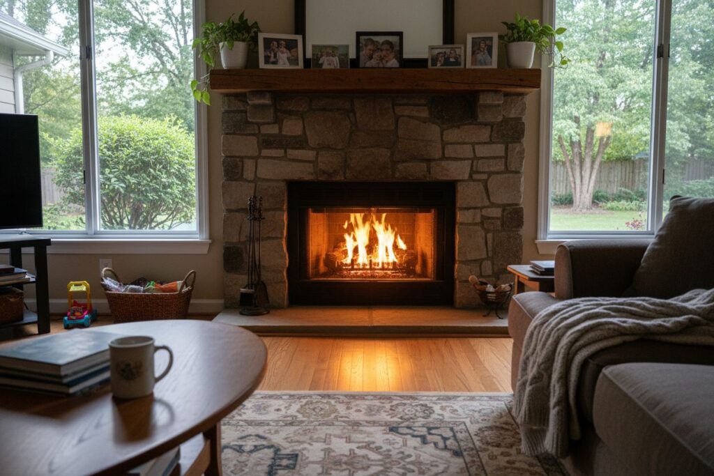 Comfortable fireplace view in Bedford living room