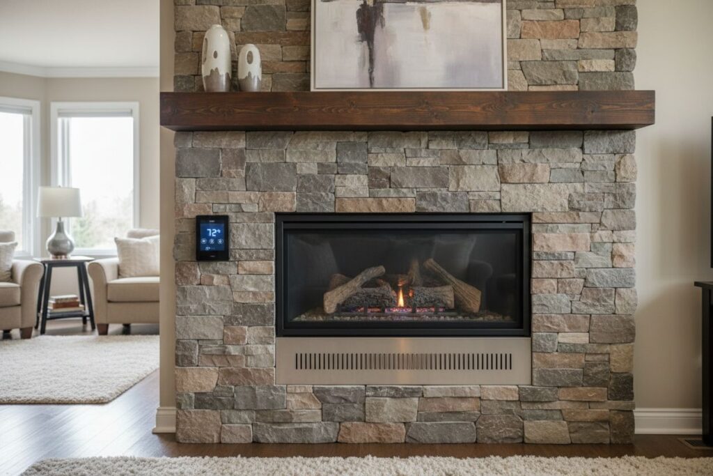 Clean and maintained gas fireplace in Bellevue home