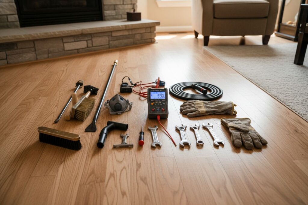 Expert fireplace technician servicing gas fireplace in Brookfield