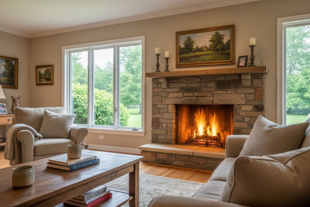 Comfortable fireplace view in Brookfield living room