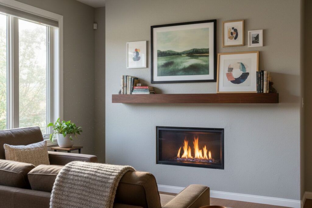 Gas fireplace with decor in Brookline residence