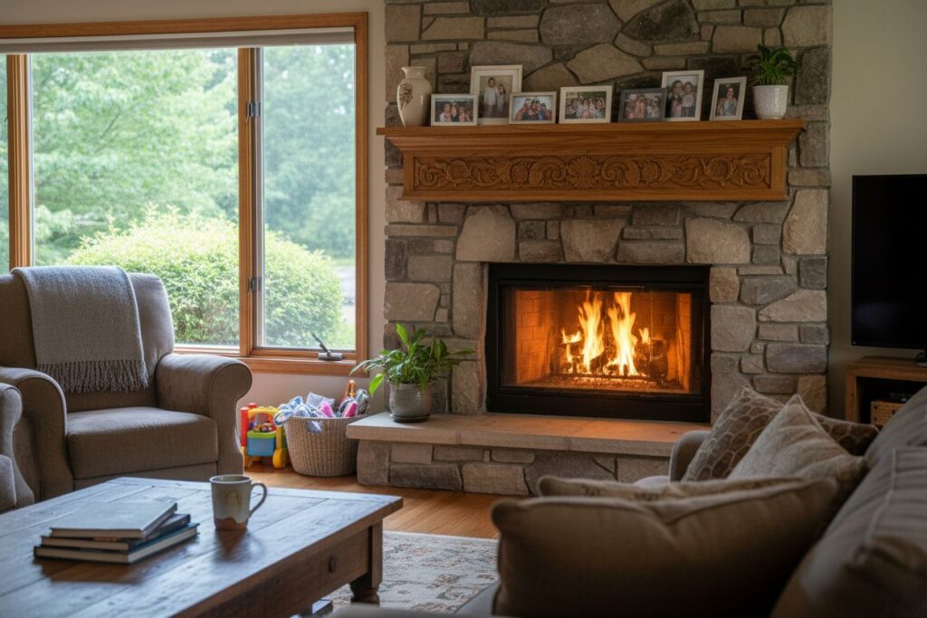 Comfortable fireplace view in Canton living room