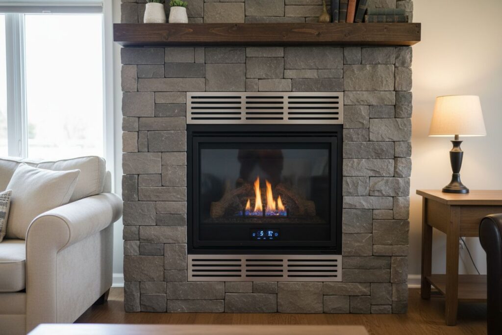 Clean and maintained gas fireplace in Carson home