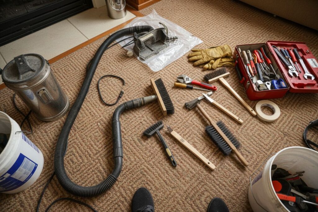 Expert fireplace technician servicing gas fireplace in Central Cleveland
