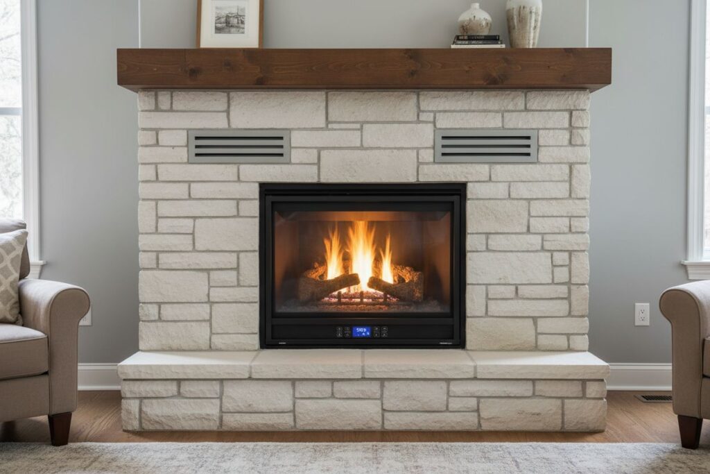 Clean and maintained gas fireplace in Central Cleveland home
