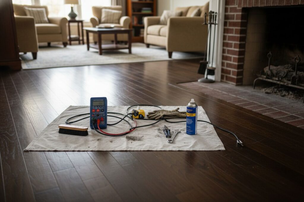 Expert fireplace technician servicing gas fireplace in Chico