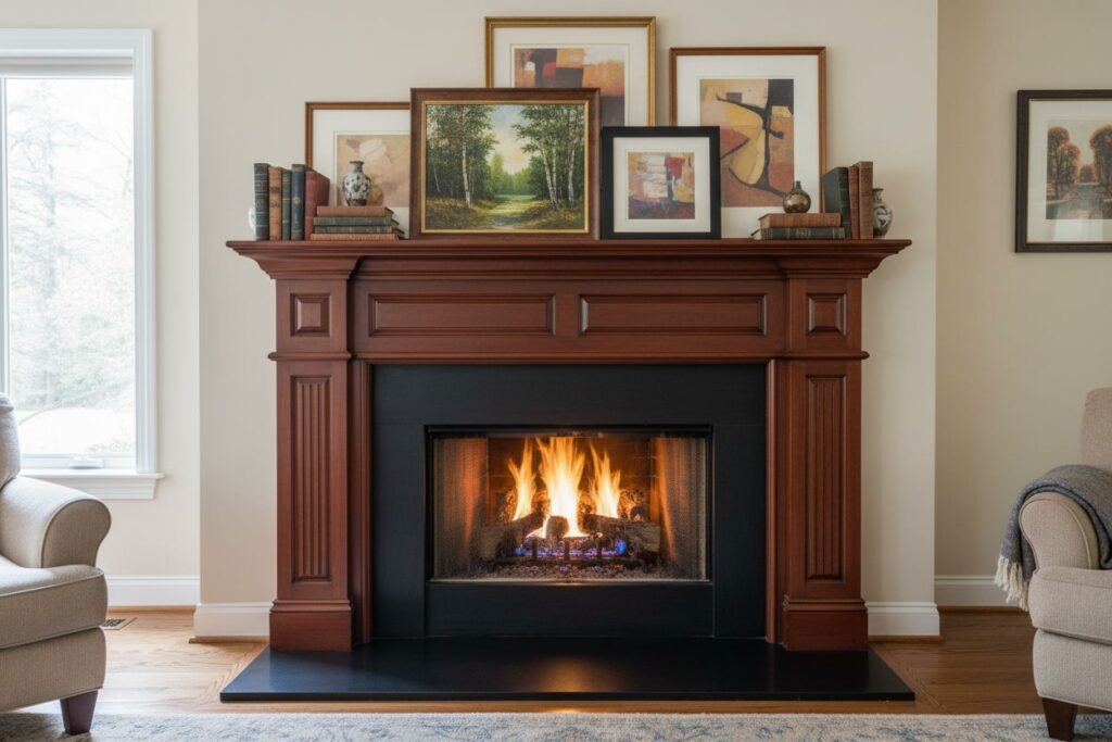 Gas fireplace with decor in Chico residence