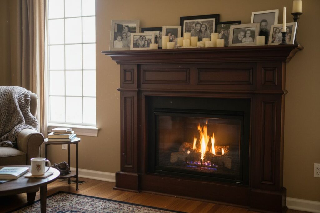 Gas fireplace with decor in Clackamas residence