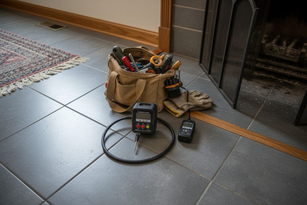 Expert fireplace technician servicing gas fireplace in Cleveland