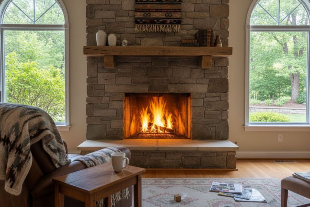Comfortable fireplace view in Concord living room