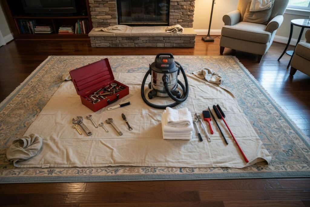 Expert fireplace technician servicing gas fireplace in Concord