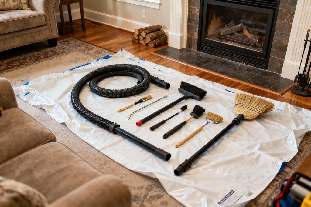 Expert fireplace technician servicing gas fireplace in Concord