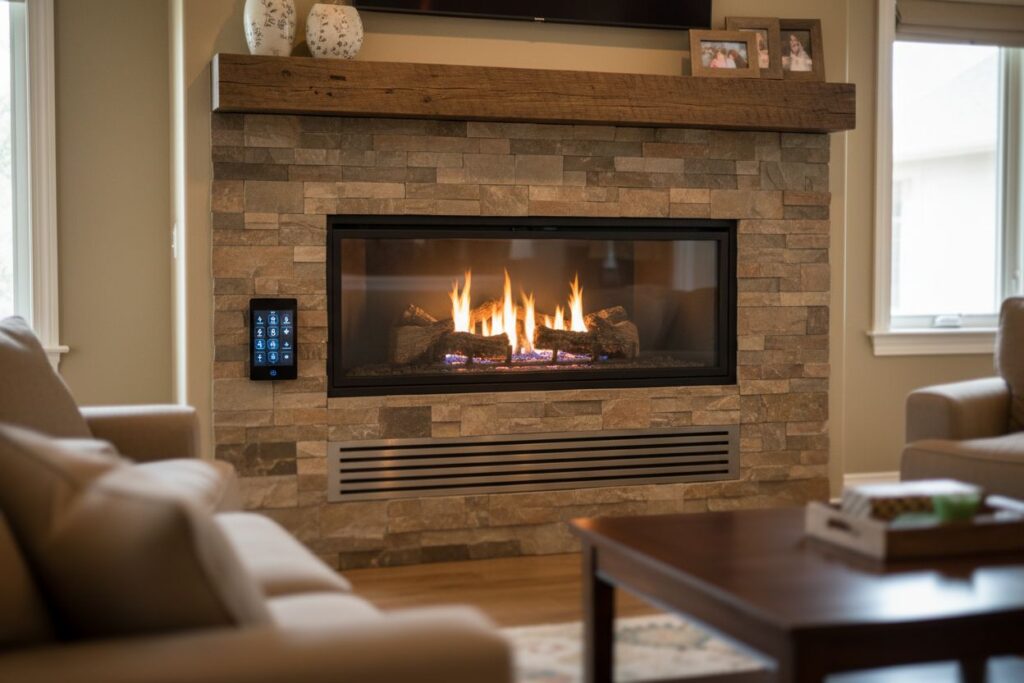 Clean and maintained gas fireplace in Coos Bay home