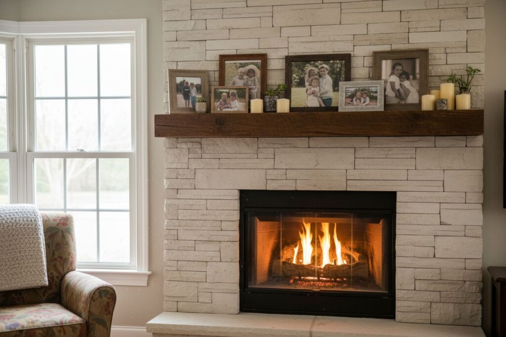 Gas fireplace with decor in Cumming residence