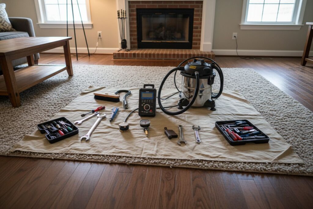 Expert fireplace technician servicing gas fireplace in Decatur