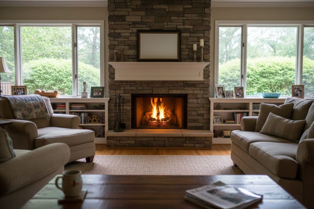 Comfortable fireplace view in Decatur living room