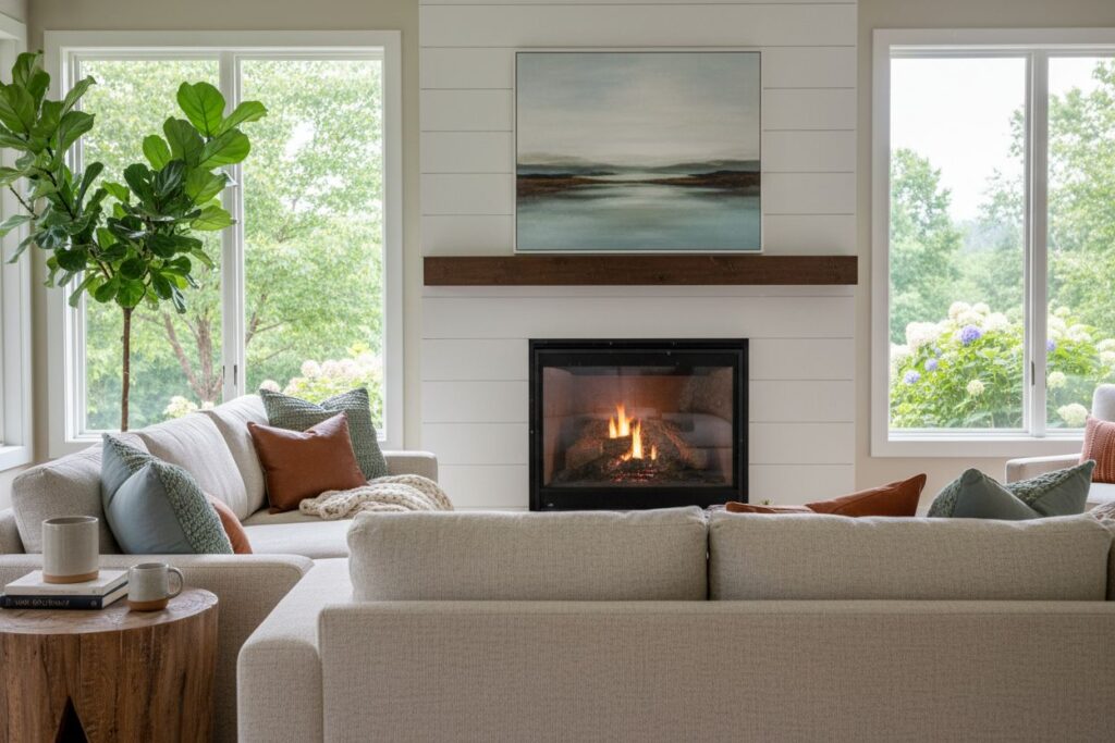 Cozy gas fireplace in Dedham home