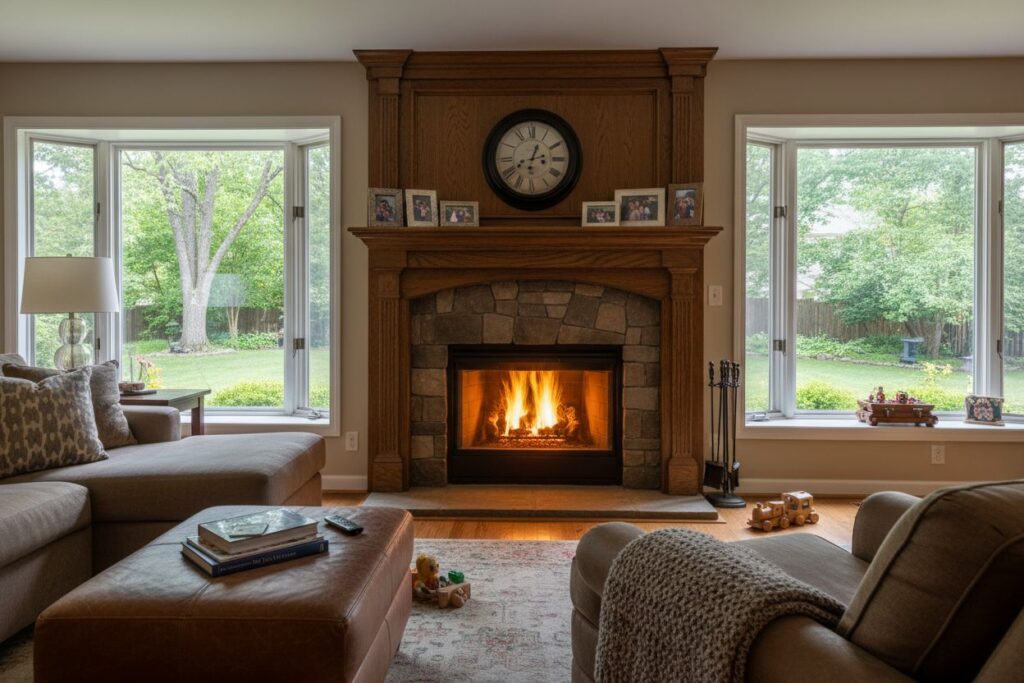 Comfortable fireplace view in Dedham living room
