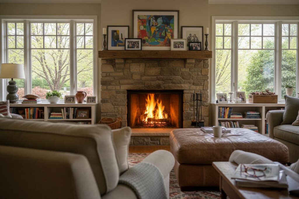 Comfortable fireplace view in Detroit living room