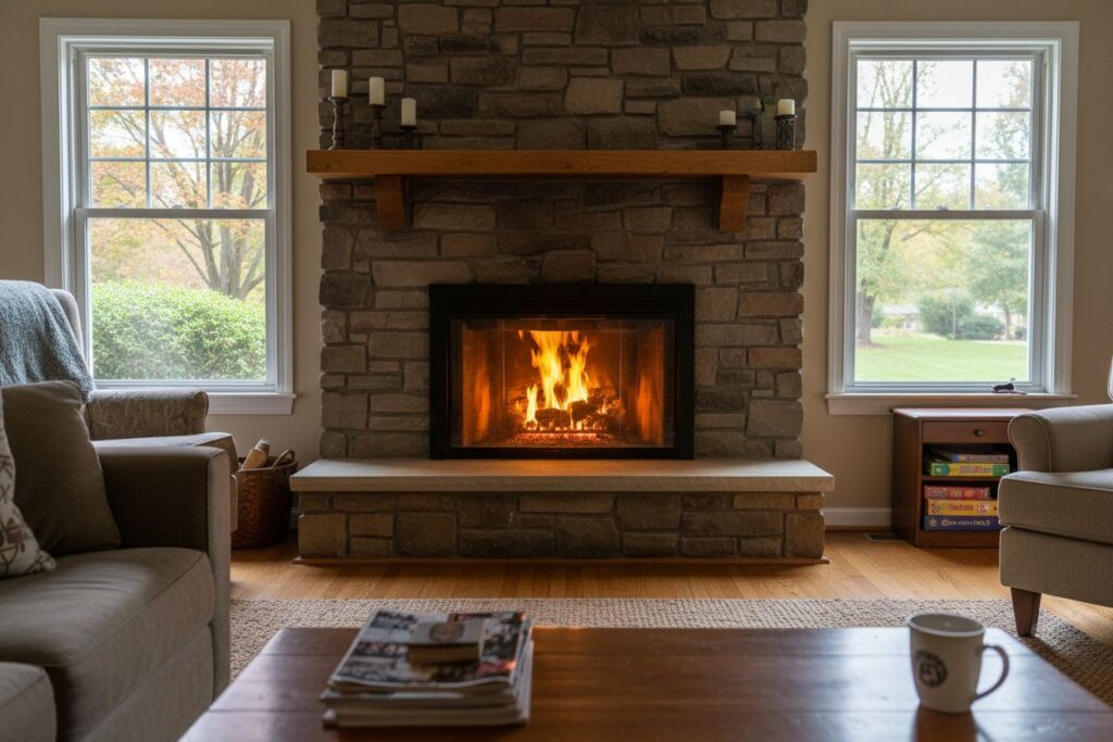 Comfortable fireplace view in Eastham living room
