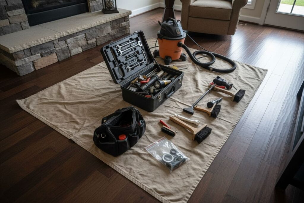 Expert fireplace technician servicing gas fireplace in Eastham