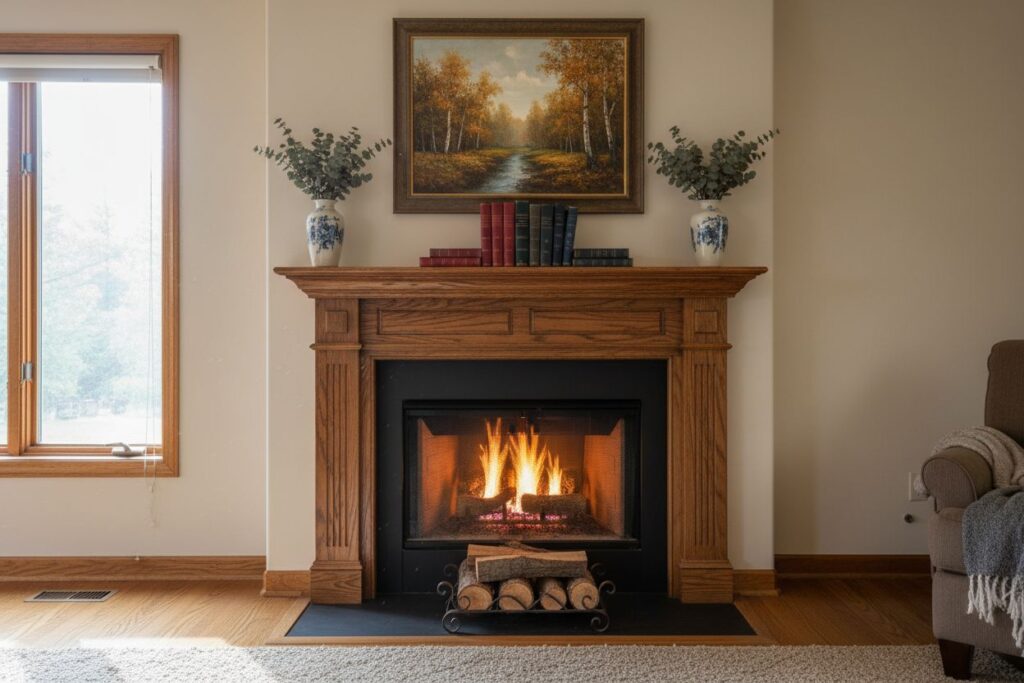 Gas fireplace with decor in Eastham residence