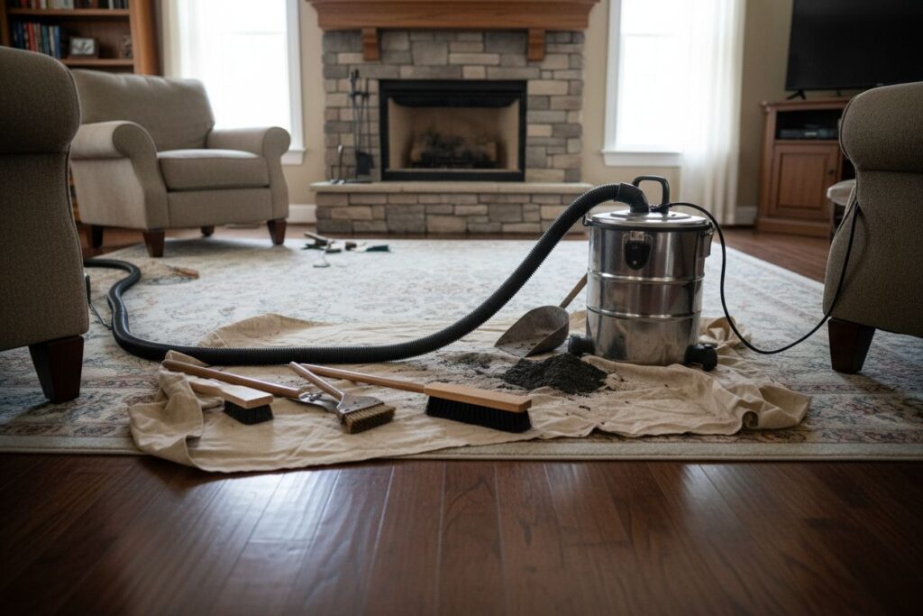 Expert fireplace technician servicing gas fireplace in Eden Prairie