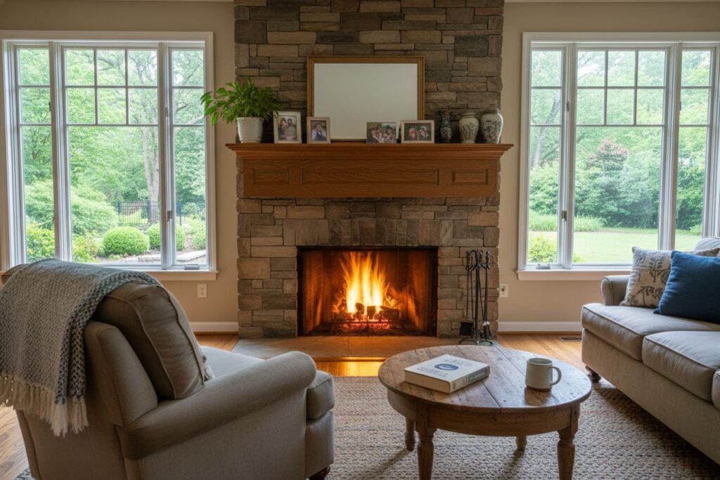 Comfortable fireplace view in Edina living room