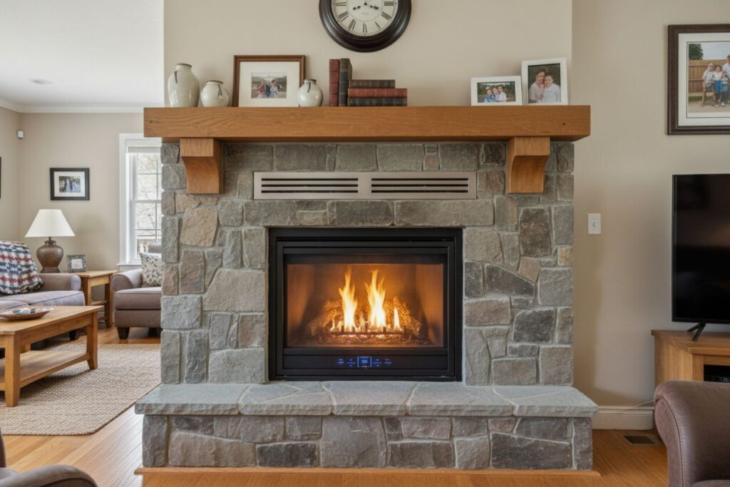 Clean and maintained gas fireplace in Eugene home
