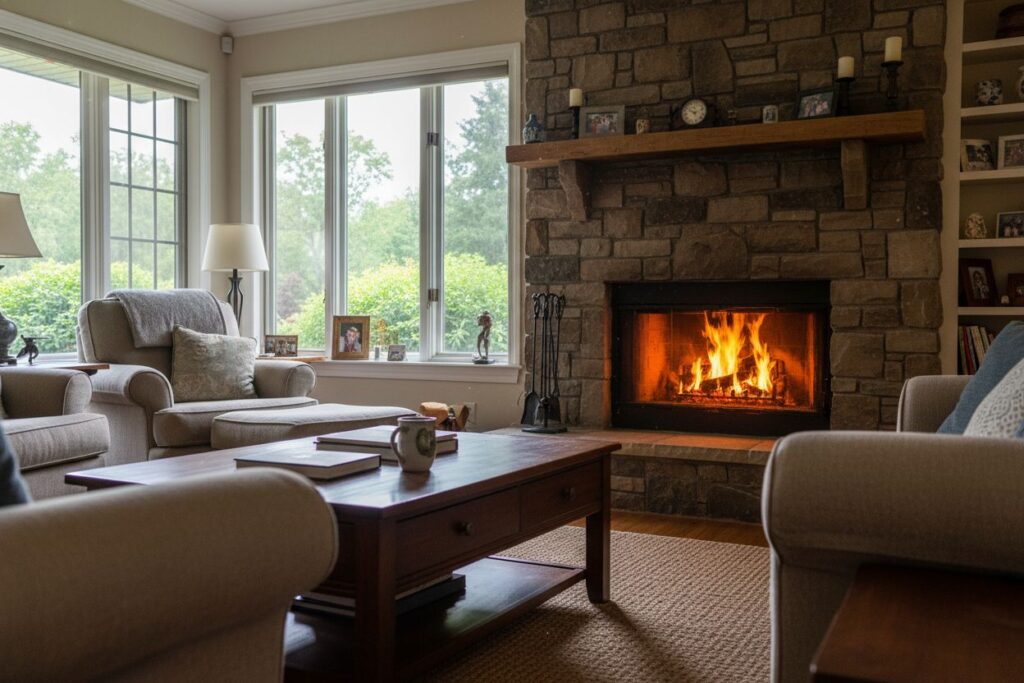 Comfortable fireplace view in Framingham living room