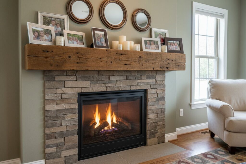 Gas fireplace with decor in Francisco residence