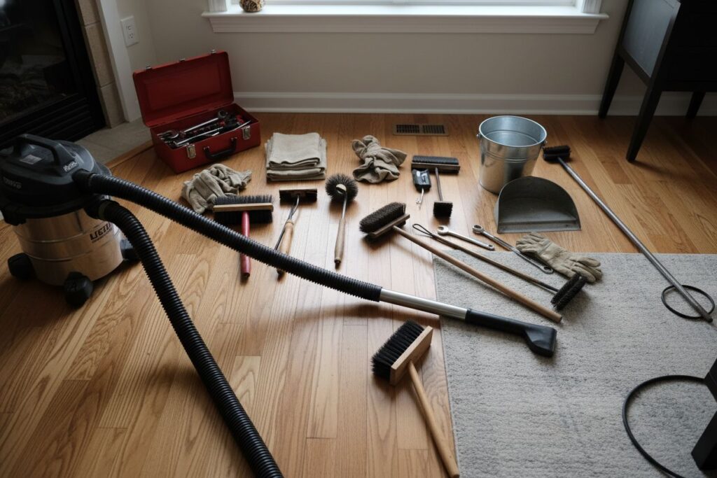 Expert fireplace technician servicing gas fireplace in Garrettsville