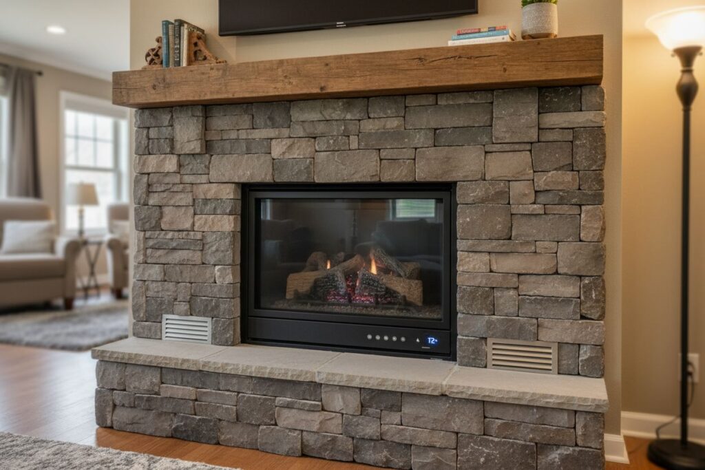 Clean and maintained gas fireplace in Garrettsville home