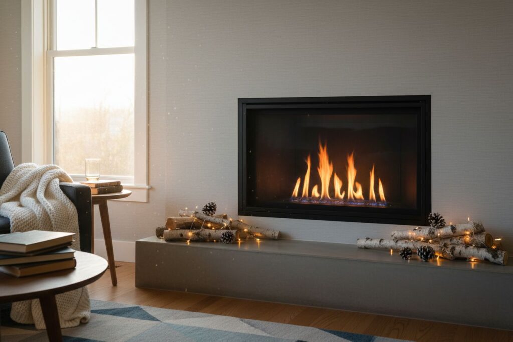 Gas fireplace with decor in Glenview residence