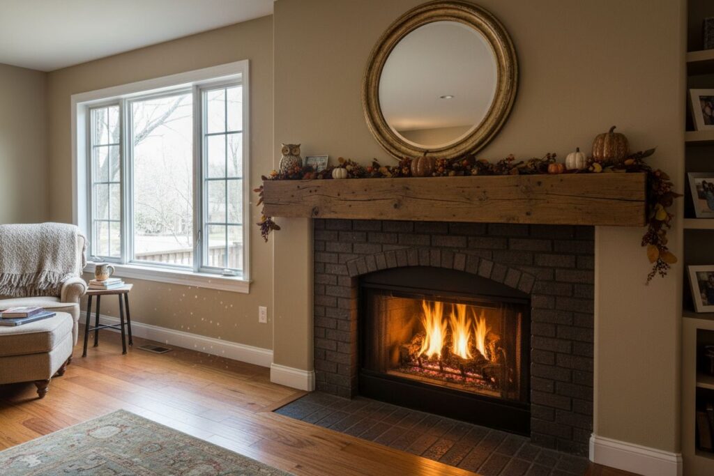 Gas fireplace with decor in Greensboro residence