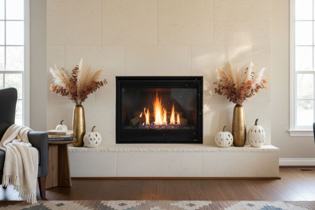 Gas fireplace with decor in Hillsboro residence