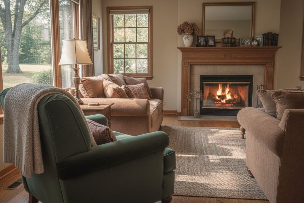 Cozy gas fireplace in Hingham home
